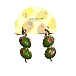 Piper K Martini Olive Cocktail Glass Stone Post Drop Earrings Cubic Zirconia NEW